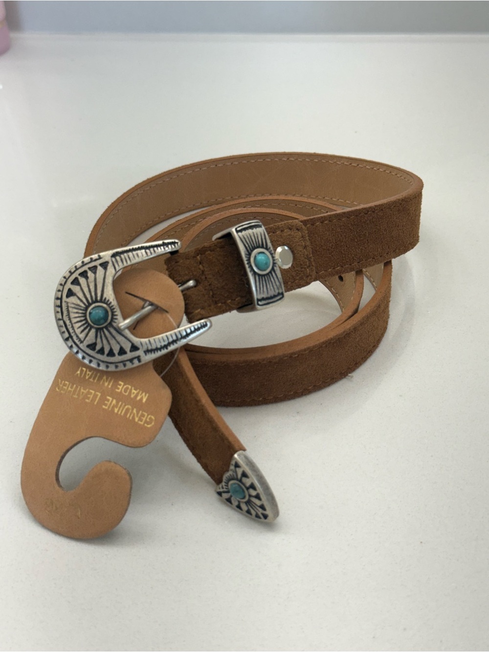 Genuine Leather Suede Belt with Turquoise Accent Buckle 🩵NWT🩵